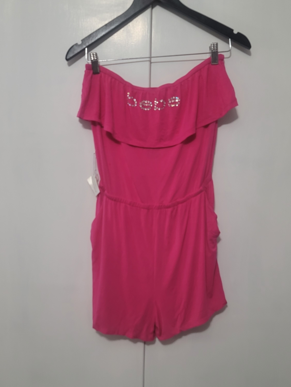 bebe Hot Pink  Romper with Rhinestone Logo Strapless, With Swarovski Crystals